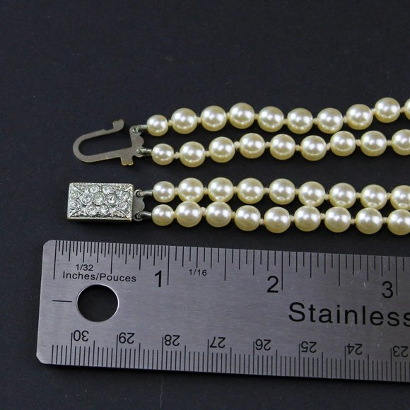 Mid Century Faux Pearl Double Strand Necklace, Rectangular Fish Hook Clasp J18 - Picture 6 of 8
